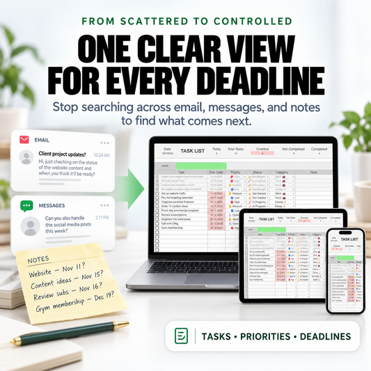 Before-and-after view of scattered client requests organized in the Task Tracker Spreadsheet
