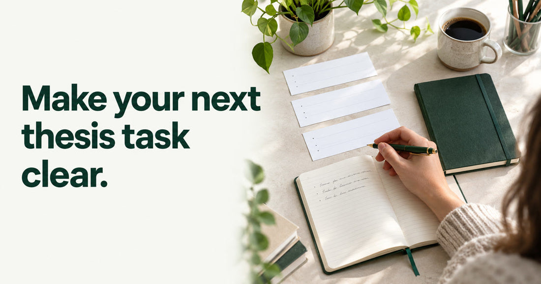 A graduate student writing at a green-accented desk beside the words Make your next thesis task clear.
