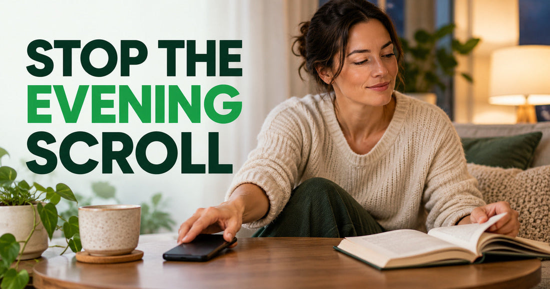 Professional putting her phone down and choosing a book to stop mindless evening scrolling