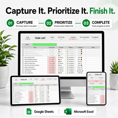 Task Tracker Spreadsheet – Get Organized, Prioritize What Matters & Finish More