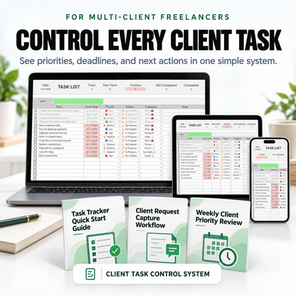 Client Task Control System with Task Tracker Spreadsheet on laptop, tablet, and phone plus three supporting guides