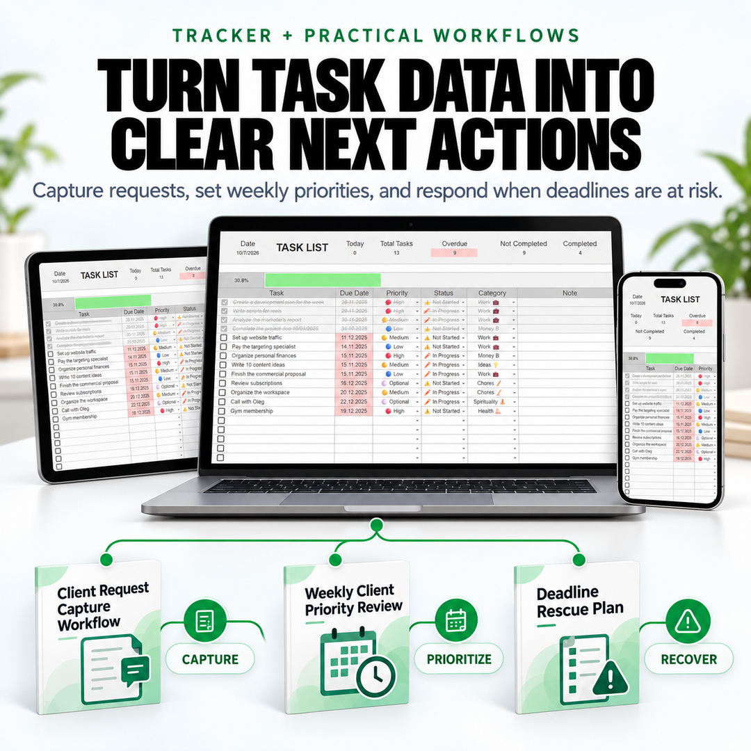 Task Tracker Spreadsheet with capture, priority review, and deadline rescue workflows