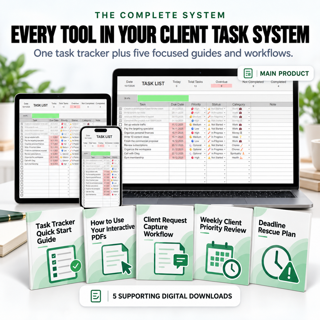 Complete Client Task Control System with Task Tracker Spreadsheet and five supporting digital downloads