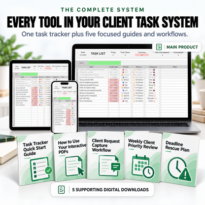 Complete Client Task Control System with Task Tracker Spreadsheet and five supporting digital downloads