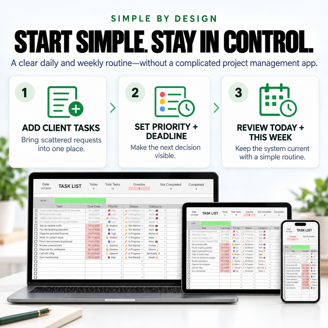 Three-step workflow to add client tasks, set priorities and deadlines, and review the week