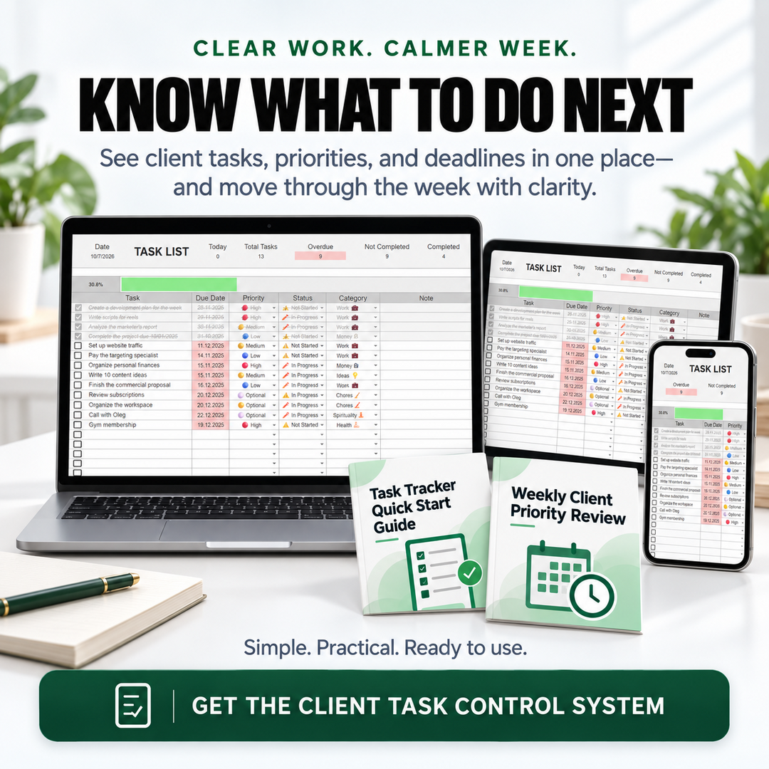 Task Tracker Spreadsheet and supporting guides with a clear call to organize client work