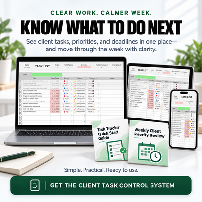 Task Tracker Spreadsheet and supporting guides with a clear call to organize client work