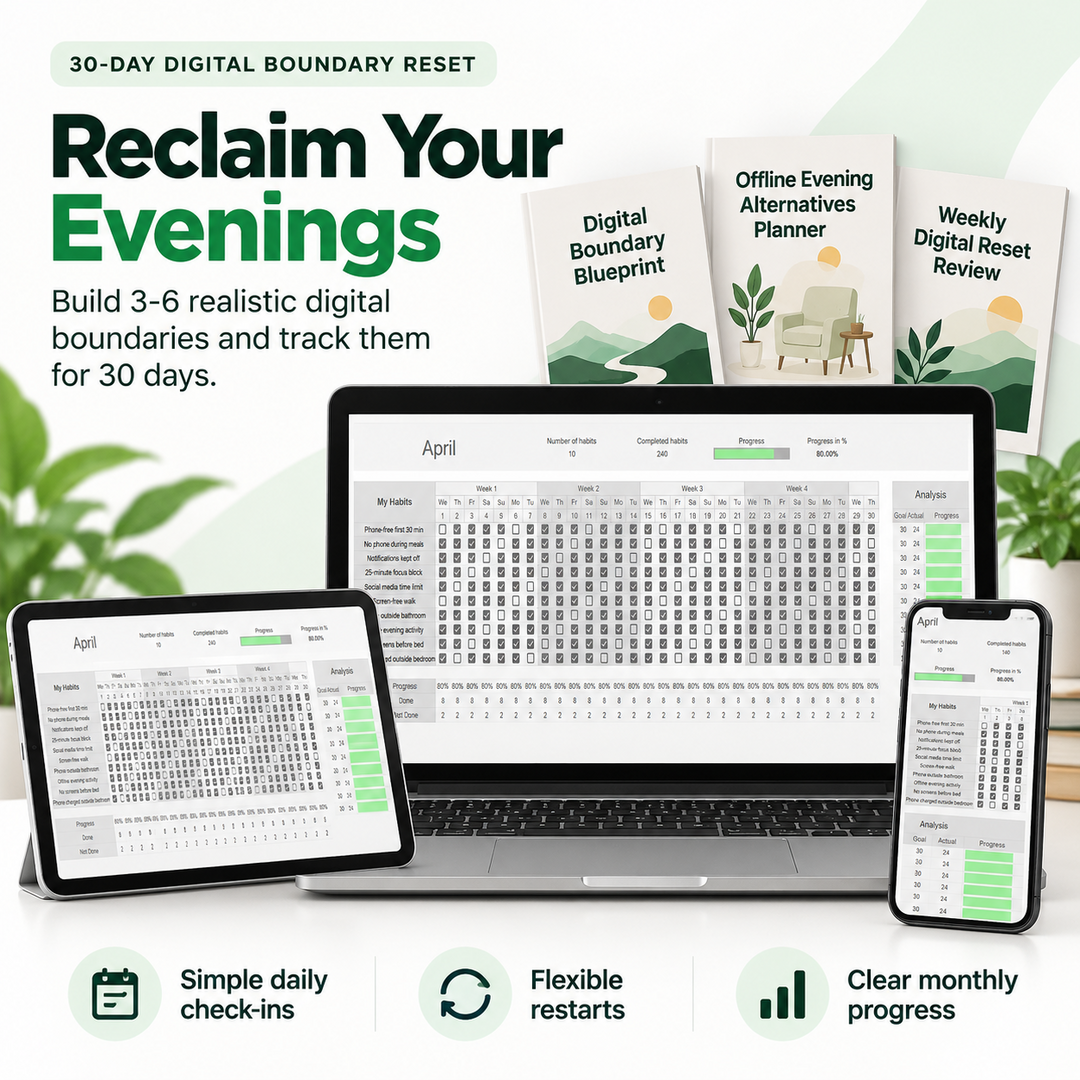 30-Day Digital Boundary Reset System with Habit Tracker Spreadsheet shown on laptop, tablet, and phone