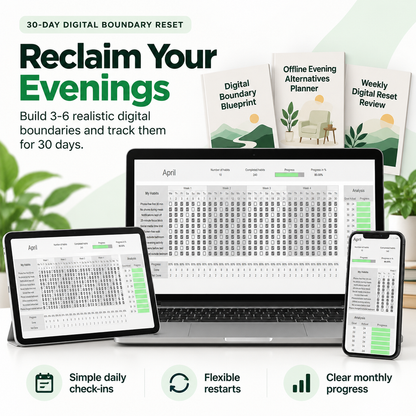 30-Day Digital Boundary Reset System with Habit Tracker Spreadsheet shown on laptop, tablet, and phone