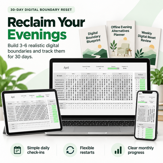 30-Day Digital Boundary Reset System with Habit Tracker Spreadsheet shown on laptop, tablet, and phone