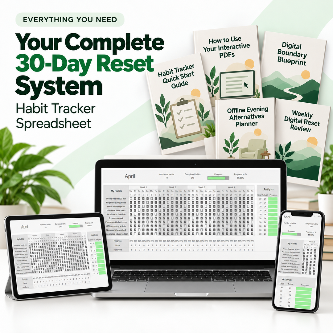 Complete 30-Day Digital Boundary Reset System with spreadsheet and five interactive guides