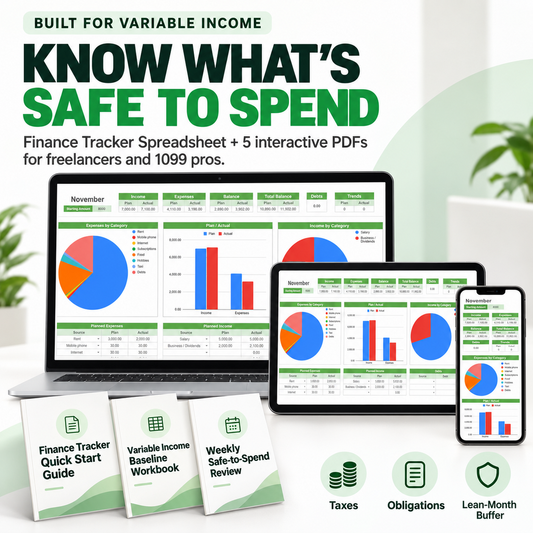 Complete Freelancer Safe-to-Spend Finance System with Finance Tracker Spreadsheet and five PDF tools