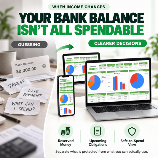 Finance tracker for variable income showing clearer reserved and spendable money decisions