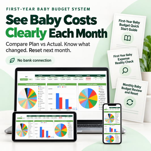 First-Year Baby Budget Clarity System with Finance Tracker spreadsheet and five interactive guides