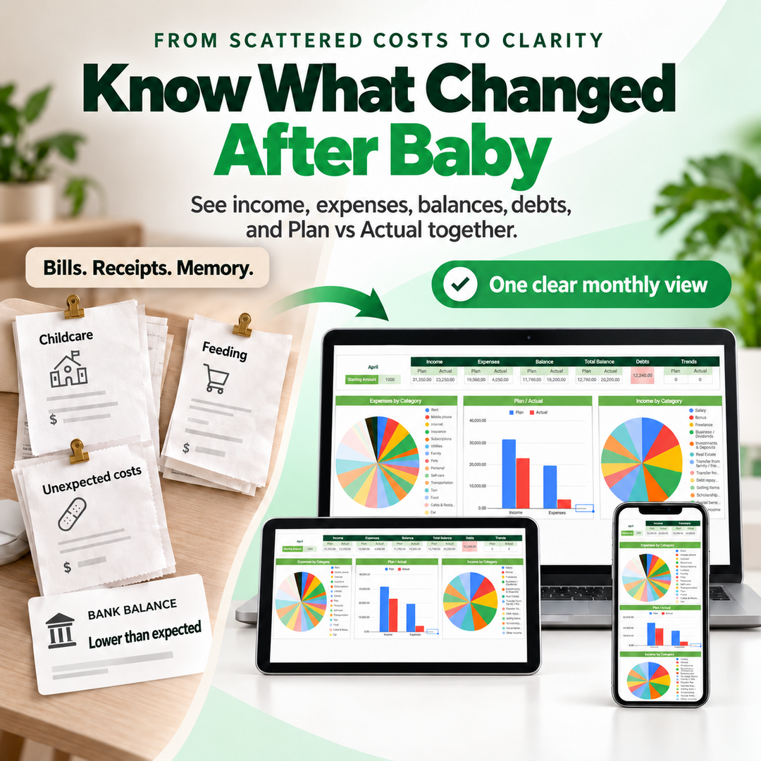 New parent budget tracker showing the shift from scattered baby costs to one clear monthly view