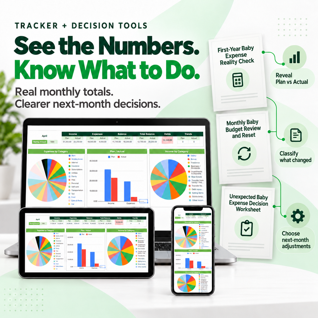 Finance Tracker Spreadsheet with baby expense review and monthly budget decision tools