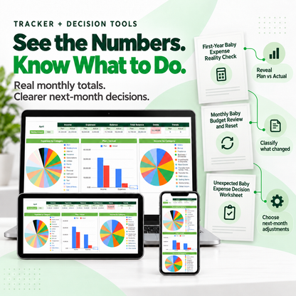 Finance Tracker Spreadsheet with baby expense review and monthly budget decision tools
