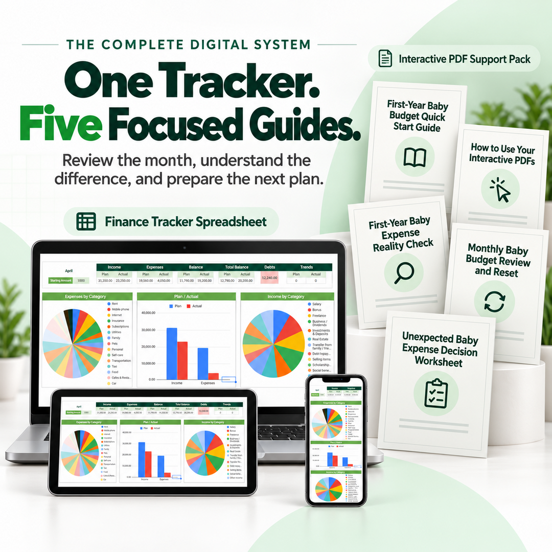 Complete digital baby budget system with one Finance Tracker Spreadsheet and five focused guides