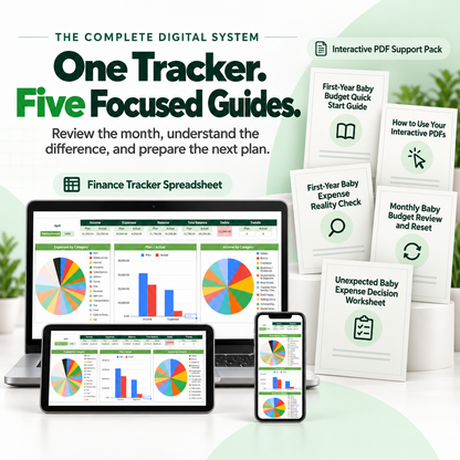 Complete digital baby budget system with one Finance Tracker Spreadsheet and five focused guides