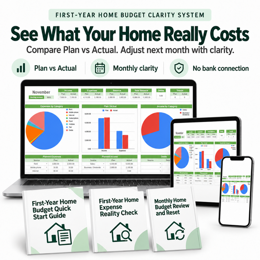 First-Year Home Budget Clarity System shown on laptop, tablet, and phone with three supporting homeowner budget guides.