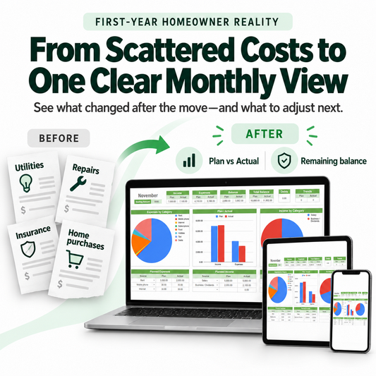 Before-and-after view of scattered first-year home expenses becoming one clear monthly Finance Tracker Spreadsheet view.