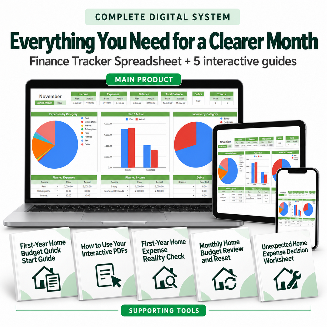 Complete digital system with the Finance Tracker Spreadsheet and five interactive first-year homeowner budget guides.