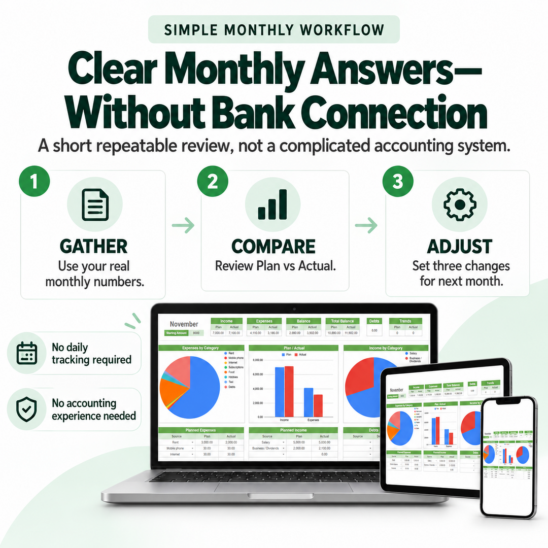Simple monthly workflow to gather real numbers, compare Plan versus Actual, and adjust the next month’s home budget.