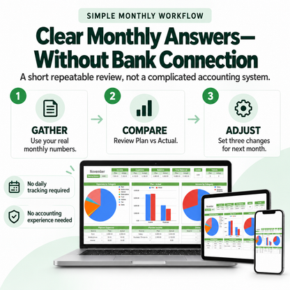 Simple monthly workflow to gather real numbers, compare Plan versus Actual, and adjust the next month’s home budget.