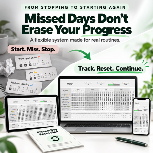 Visual showing how the Habit Tracker Spreadsheet helps users return after missed days without erasing progress.