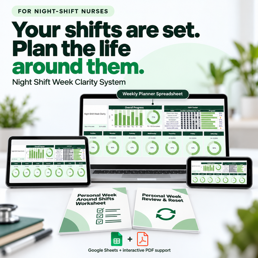 Night Shift Week Clarity System with the Weekly Planner on a laptop, tablet and phone, plus planning and review PDFs.