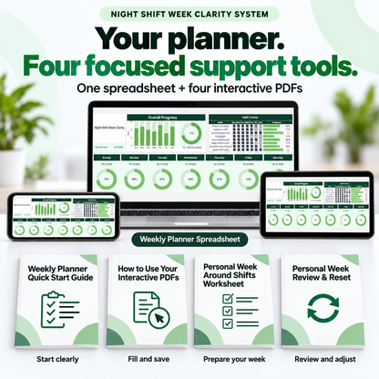 Weekly Planner Spreadsheet with all four included interactive PDF guides, planning worksheet and review tool.