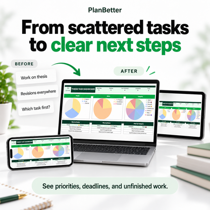 Scattered thesis notes contrasted with a clear task dashboard showing priorities, deadlines, and unfinished work.
