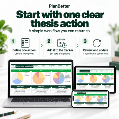Three steps for thesis work: define one action, add it to the tracker, then review and update.