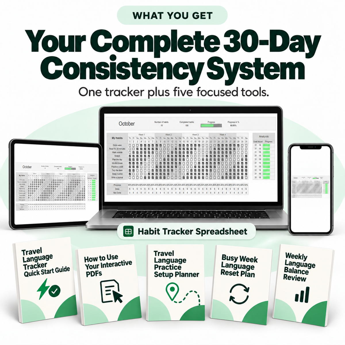 Complete 30-Day Travel Language Consistency System with the Habit Tracker Spreadsheet and five focused digital tools.