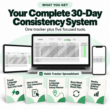 Complete 30-Day Travel Language Consistency System with the Habit Tracker Spreadsheet and five focused digital tools.
