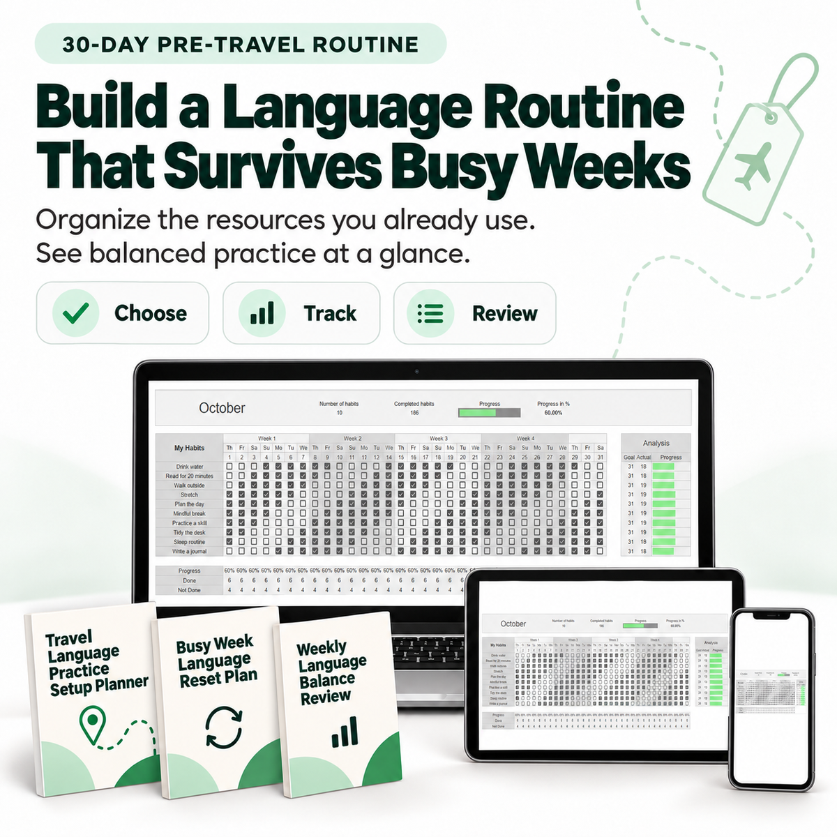 30-Day Travel Language Consistency System with the Habit Tracker Spreadsheet shown on laptop, tablet, and phone alongside planning and review tools.