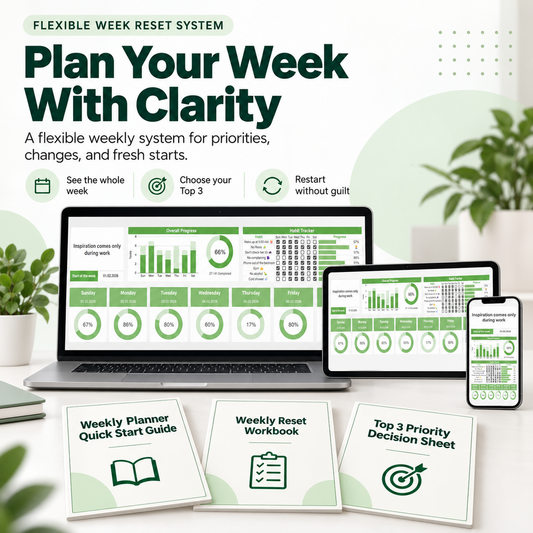 Flexible Week Reset System with the Weekly Planner Spreadsheet shown on laptop, tablet and phone beside three planning guides.