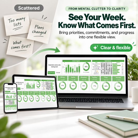 Scattered weekly notes transitioning to a clear Weekly Planner Spreadsheet displayed across laptop, tablet and phone.